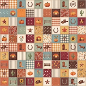 May include: A patchwork fabric design featuring a grid of squares with western and autumn motifs including cowboy hats, boots, horses, pumpkins, horseshoes, cacti, sunflowers, stars, fences, and paisley patterns in orange, brown, and blue tones.