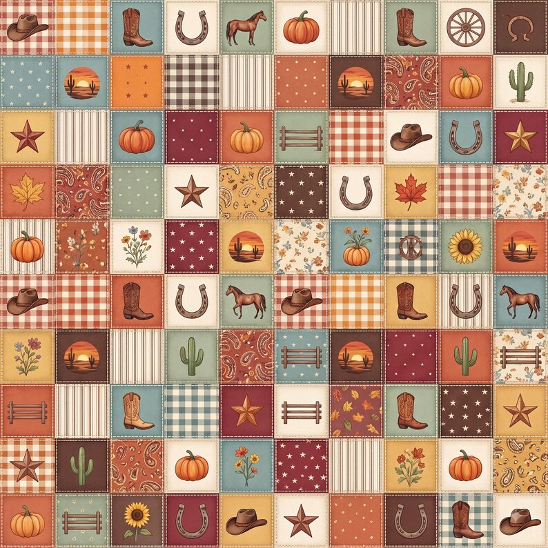 Western Fall Patchwork Seamless Pattern, Rustic Autumn Cowboy Cowgirl Digital Paper for Tumbler Wrap image 1
