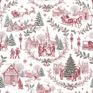 May include: A repeating pattern fabric featuring a festive winter village scene in red and green ink on a white background. The design includes horse-drawn sleighs, carolers, a decorated Christmas tree, houses, and holly leaf borders.