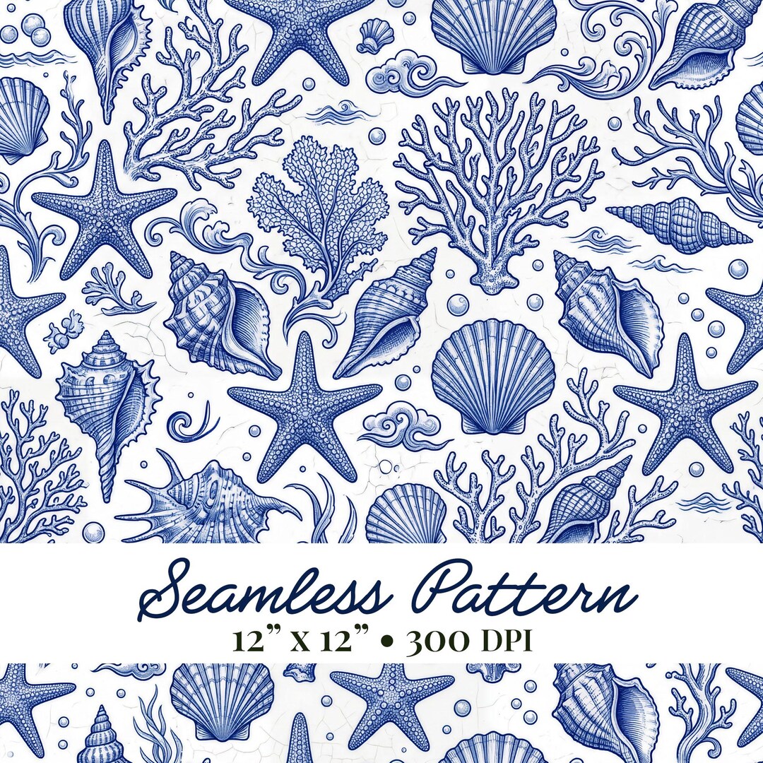 Blue Beach Shell Design Pattern Blue Seashell Seamless Pattern, Coastal Nautical Digital Paper, Ocean ...