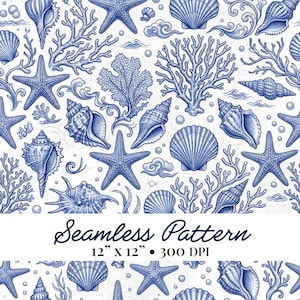 Blue Seashell Seamless Pattern, Coastal Nautical Digital Paper, Ocean Sublimation, Beach Print, Commercial Use