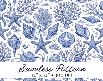 Blue Seashell Seamless Pattern, Coastal Nautical Digital Paper, Ocean Sublimation, Beach Print, Commercial Use