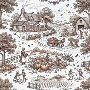Op de afbeelding: Een sepia-getinte illustratie van een herfstachtige landelijke scène. Een boerderij, schuur en velden zijn bevolkt met mensen, pompoenen en een paardenkar. Het kunstwerk roept het oogstthema op, met vallende bladeren en een gevoel van gemeenschap.