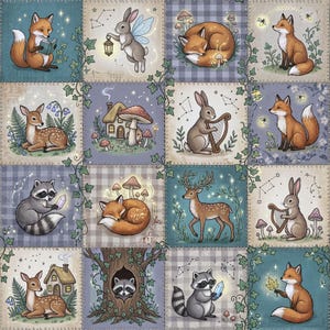 May include: A patchwork fabric design featuring sixteen square panels with illustrations of foxes, rabbits, deer, and raccoons in a forest setting. The scenes include animals reading, playing harps, holding crystals, and resting near mushrooms and cottages.