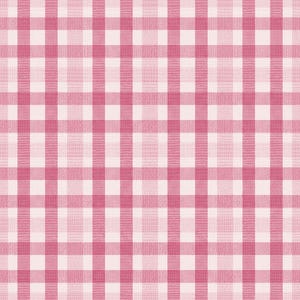 May include: A fabric textile featuring a repeating gingham pattern composed of intersecting horizontal and vertical lines in shades of light pink and dark pink, creating a grid of squares against a pale white background.
