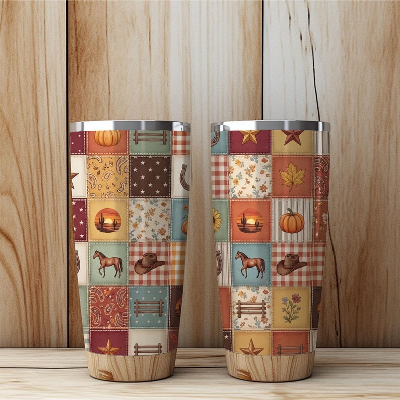 Western Fall Patchwork Seamless Pattern, Rustic Autumn Cowboy Cowgirl Digital Paper for Tumbler Wrap image 4