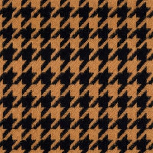 May include: A textile fabric featuring a repeating houndstooth pattern in black and tan. The material has a visible, slightly fuzzy texture throughout, with the geometric shapes arranged in a consistent, interlocking grid across the surface.
