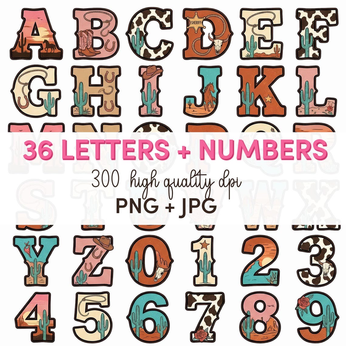 Western Cowgirl Alphabet PNG Bundle, Rodeo Letter Set A-Z + Numbers ...