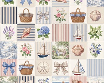 Coastal Cottagecore Seamless Pattern, Digital Paper, Sublimation, POD, Fabric, Scrapbook Paper