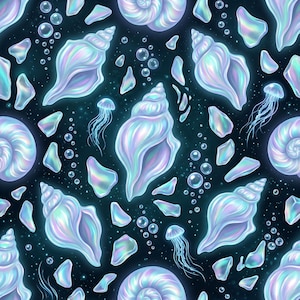 Holographic Glowing Seashell Seamless Pattern, Ocean Digital Paper, Iridescent Shell Sublimation Tumbler Wrap PNG