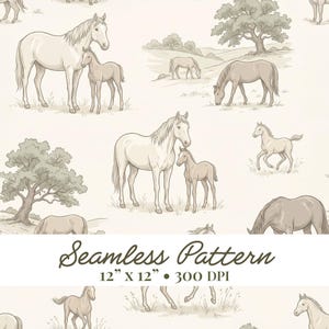 Puede incluir: Un patrón continuo con ilustraciones de caballos y potros en un campo con árboles, en tonos beige y marrón. El texto "Seamless Pattern 12" x 12" • 300 DPI" está impreso en color marrón en la parte inferior de la imagen.