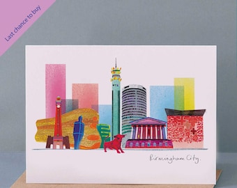 Tarjeta con el horizonte de Birmingham, tarjeta de felicitación de Brummie, arquitectura urbana, LM128