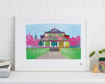 May include: A framed print of a colorful illustration of a building with a glass roof. The building is surrounded by trees and a fence. The print is signed "LD."