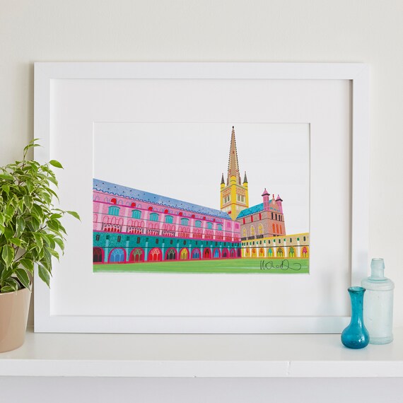 Norwich Cathedral Print, Historic Building Art, Colourful Cathedral
