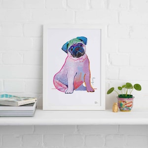 Impresión sin marco de Pug, ilustración de perro, regalo de perro