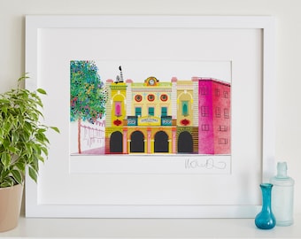 May include: A colorful illustration of a building with a sign that reads "Dole Street" and a clock tower. The building is yellow with pink and blue accents. There is a green tree in the foreground.