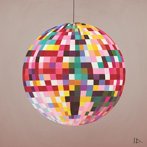 Colourful Glitterball Print, Rainbow Disco Ball, 50 x 50cm Neutral