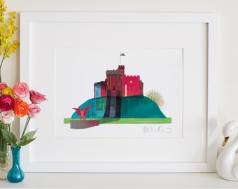 Impresión del castillo de Cardiff, monumento galés, arquitectura medieval