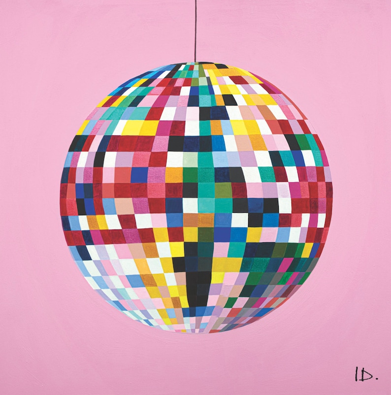 Colourful Glitterball Print, Rainbow Disco Ball, 50 x 50cm Pink