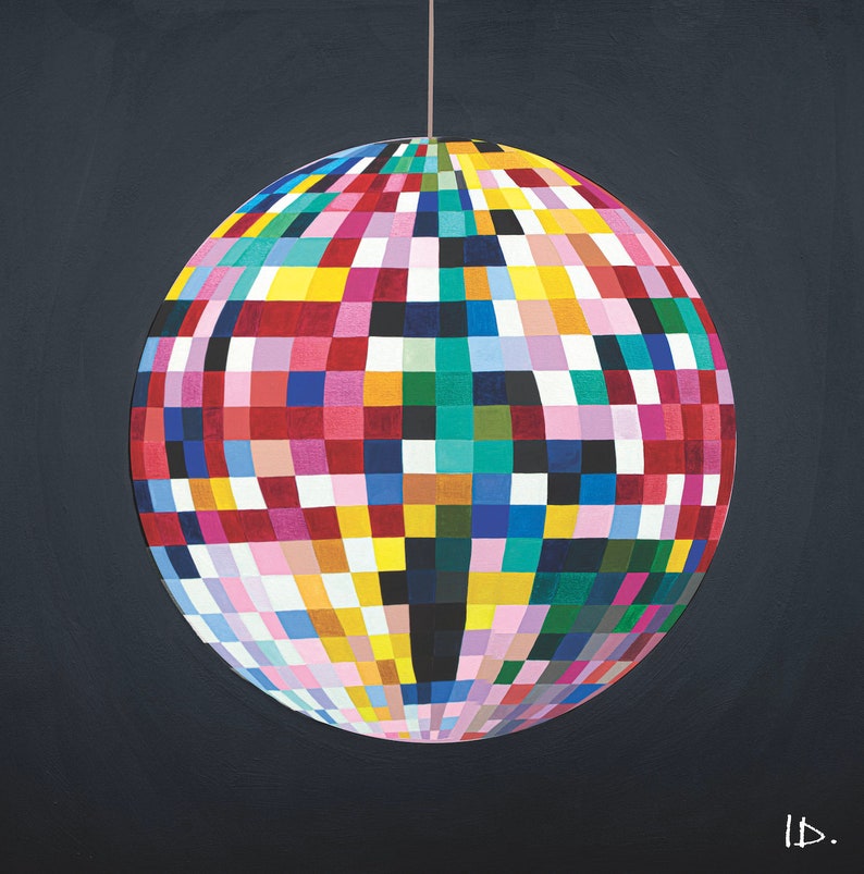 Fun Glitterball Print, Rainbow Disco Ball, 50 x 50cm Black