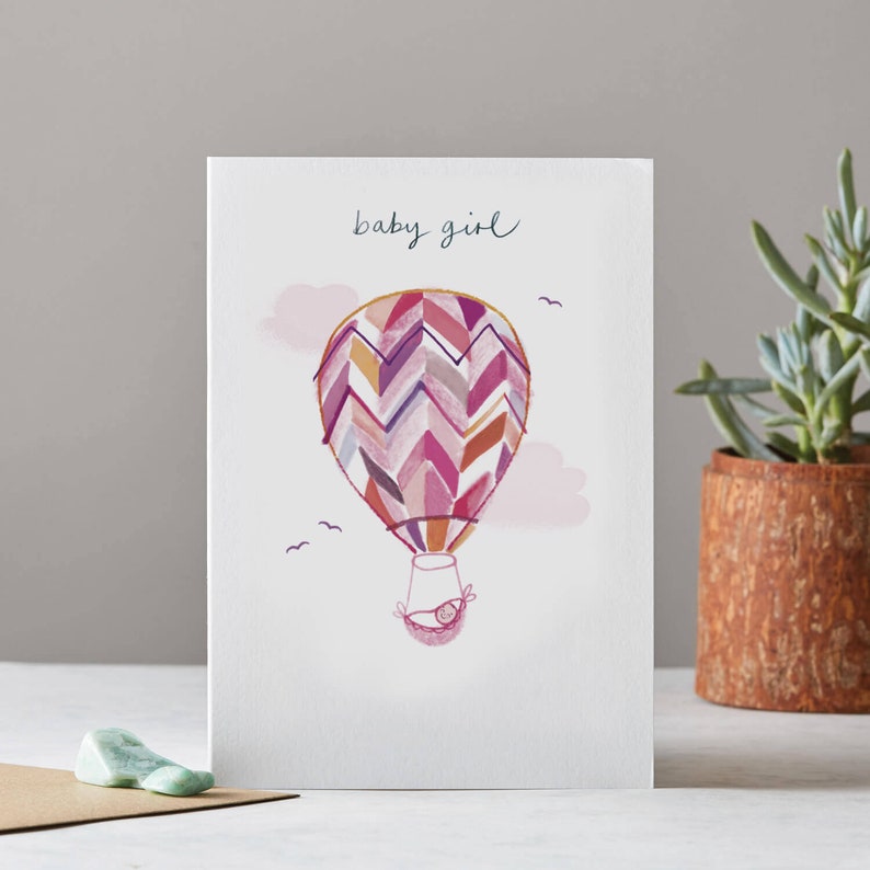 Baby Girl Card, Pink Hot Air Balloon, Welcome Baby Girl, LT048 image 1