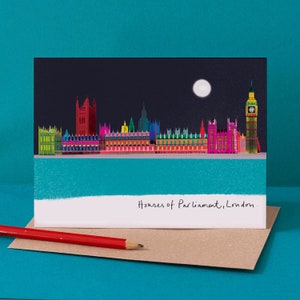 Houses of Parliament Card, illustrazione di Londra di notte, LM155