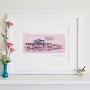 Brighton West Pier Print, Pastel Pink Seascape