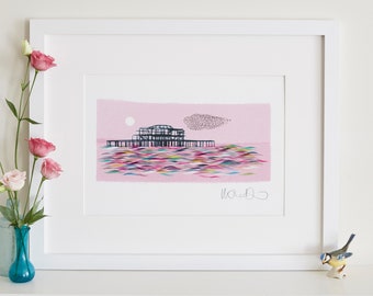 Brighton West Pier-print, pastelroze zeegezicht
