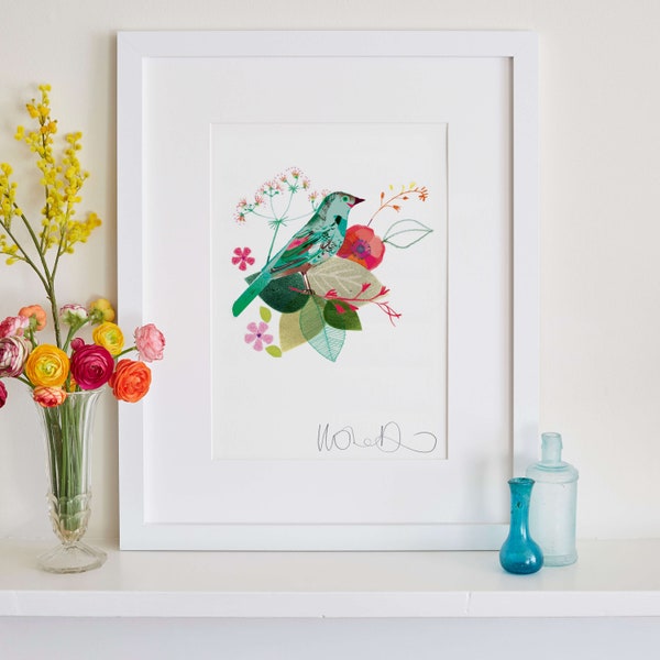 Green Bird Print, Green & Pink Floral Art