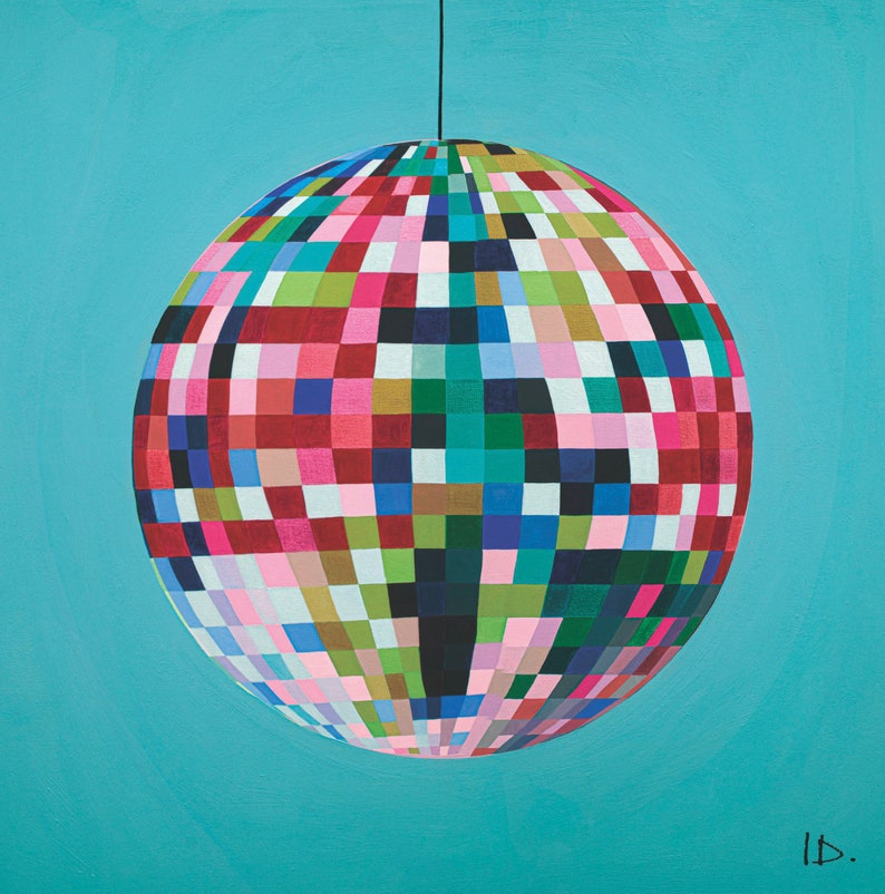 Colourful Glitterball Print, Rainbow Disco Ball, 50 x 50cm Turquoise