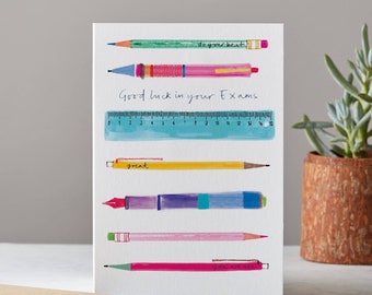 Good Luck in Your Exams Card, Illustrated Card, Pens & Pencils Card, LT087