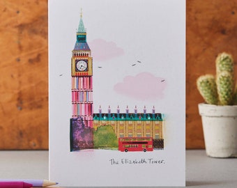 May include: A colorful illustration of the Elizabeth Tower, also known as Big Ben, in London. The tower is pink, yellow, and green with a clock face. A red double-decker bus is in the foreground. The text "The Elizabeth Tower." is at the bottom of the card.