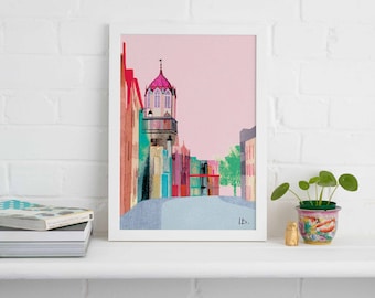 May include: A colorful illustration of a street scene with a pink sky and a tall building with a pink roof. The building is surrounded by colorful buildings and a street with a blue sidewalk.