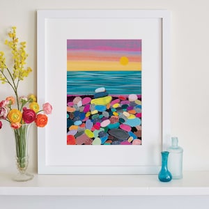 Pebble Beach Sunset Print, English Seaside