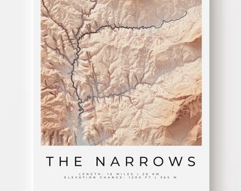 The Narrows Zion Map Art Print | Topographic Relief, Hiker Gift