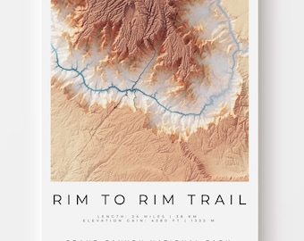 Rim to Rim Trail Map | Grand Canyon National Park Topographic Art Print