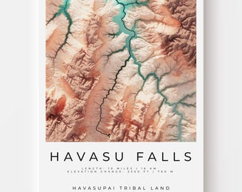 Havasu Falls Trail Map Art Print | Topographic Shaded Relief | Grand Canyon Hiker Gift