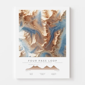 May include: A topographic map print of the Four Pass Loop in the Maroon Bells-Snowmass Wilderness, Colorado. The design features a satellite-style terrain view, a mountain elevation profile, and text detailing the 26 mi distance, 7,750 ft elevation gain, and 12,500 ft high point.