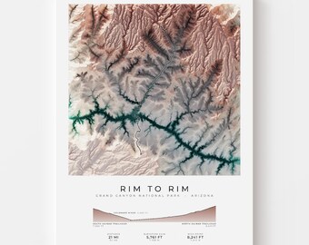 Rim to Rim Trail Map Print | Grand Canyon National Park Topographic Wall Art