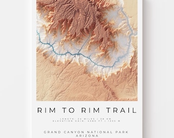 Rim to Rim Trail Map Print | Grand Canyon National Park Topographic Wall Art