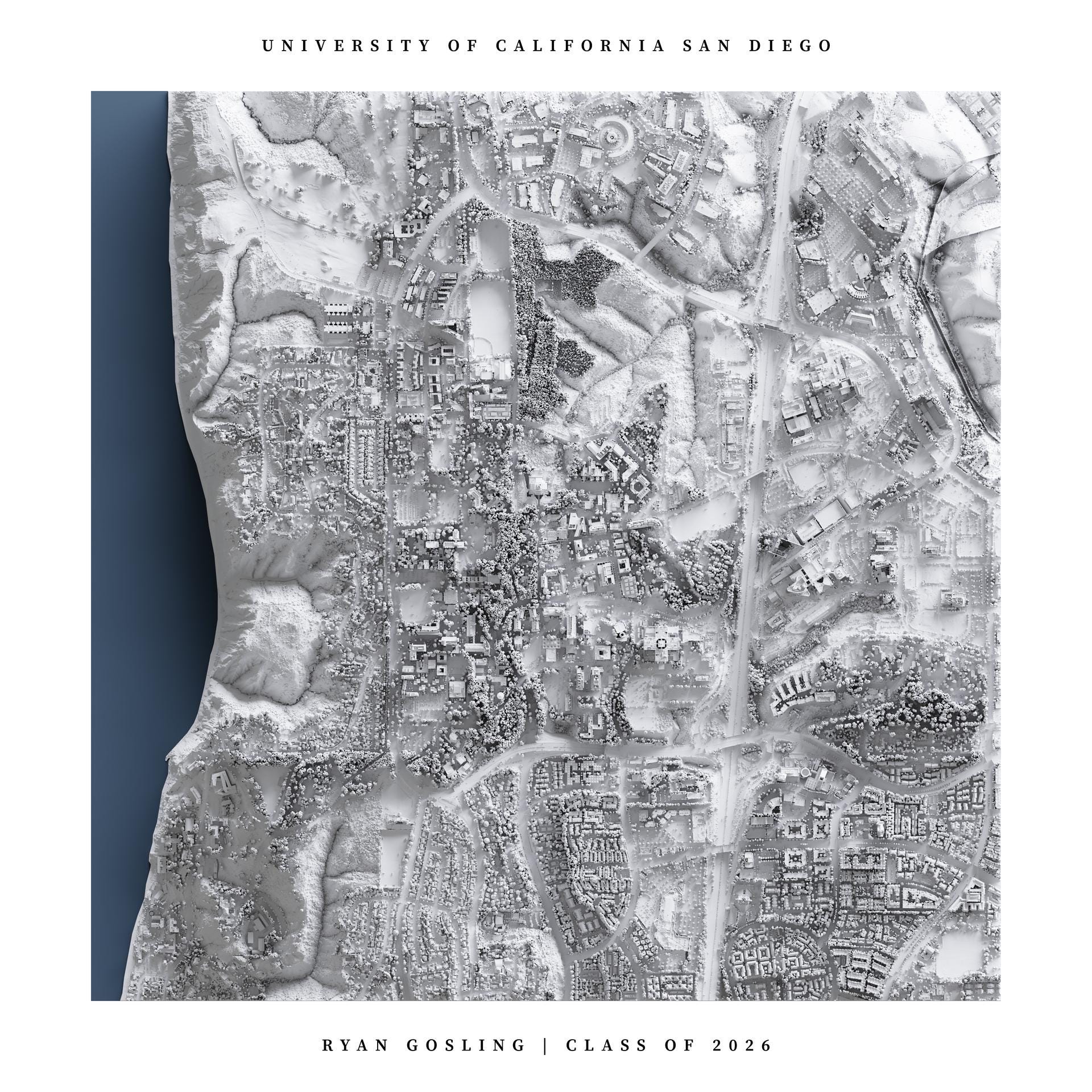 Ucsd Rimac Map UC San Diego Campus Map Print | Custom UCSD Lidar Shaded Relief Art ...