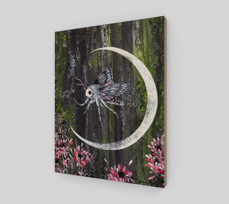 Crescent Moon Moth 11 x 14 Print on Wood Panel Spring Green Bubbles Flowers Forest Abstract Painting