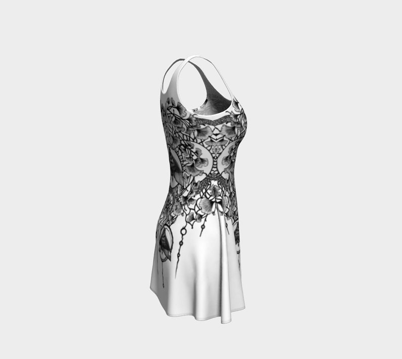 Ginkgo Moon Moth Flare dress Black and White Filigree Boho Hippie Goth Fashion Stretchy Soft