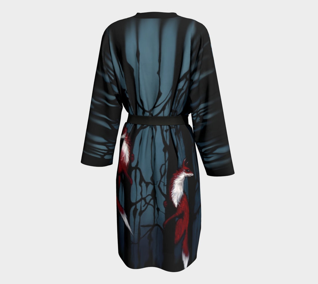 Fox Shadow Forest Peignoir Robe Wrap Long Sleeve Silk Peach Skin Jersey ...