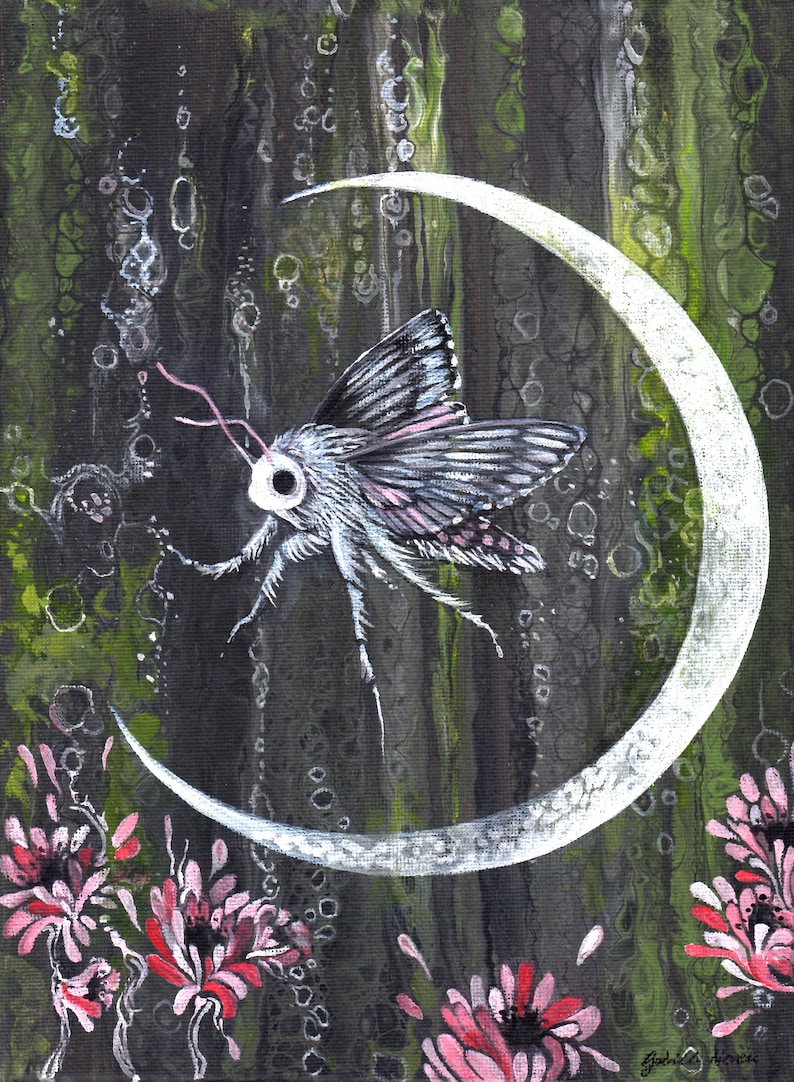 Crescent Moon Moth 11 x 14 Print on Wood Panel Spring Green Bubbles Flowers Forest Abstract Painting