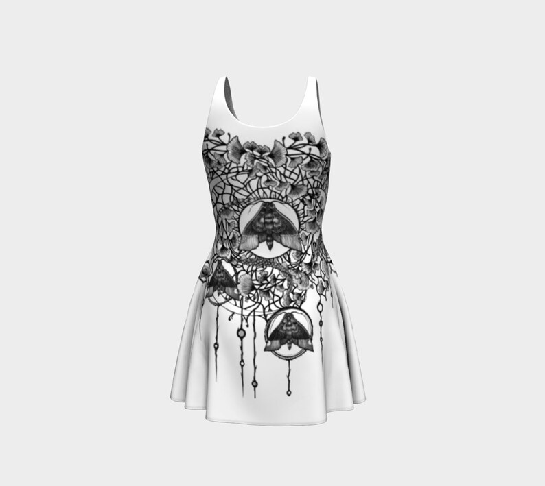 Ginkgo Moon Moth Flare dress Black and White Filigree Boho Hippie Goth Fashion Stretchy Soft