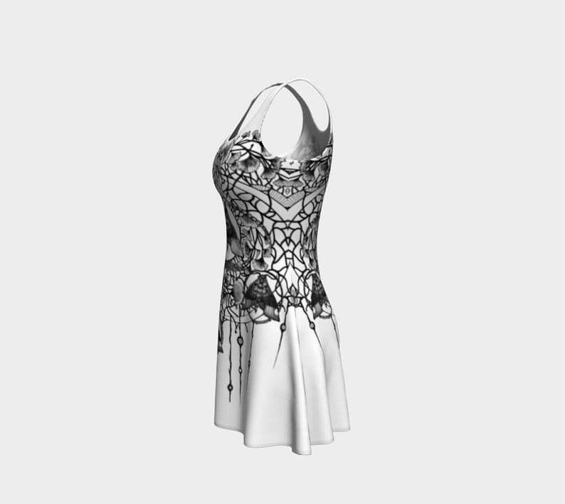 Ginkgo Moon Moth Flare dress Black and White Filigree Boho Hippie Goth Fashion Stretchy Soft