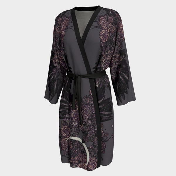 Grey Robe Moon Thief Black Bird Raven Crow Peignoir Kimono Long Sleeve Wrap Purple Rose Local Artist Silk Cotton Chiffon Choice