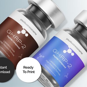 May include: Two glass vials with silver caps and labels. One vial has a brown label, the other a blue label. Both labels read "GHRP-2 Peptide Compound" and "Laboratory Grade High Precision Formula". The image also includes the text "Instant Download" and "Ready To Print".