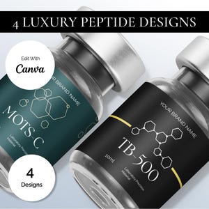 4種類の高級ペプチドバイアルラベルデザイン | 編集可能なテンプレート（2x1インチ）（デジタルダウンロード）